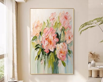 Décoration murale avec fleurs colorées, grande toile texturée, peinture de fleurs, tableau lumineux, grande toile d'art murale, art moderne de fleurs texturées en 3D, tableau vert