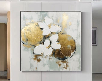 Floraison abstraite fleurs blanches toile peinture originale fleur d’or art moderne peinture acrylique minimaliste salon décor peinture