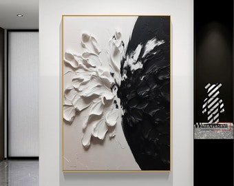 Large Black and White Abstract Painting White 3D Textured Abstract Art Black and White Textured Painting Black and White Textured Wall Art