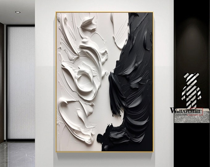Large Black and White Abstract Painting White 3D Textured Abstract Art ...