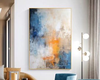 Large Abstract Painting Modern Abstract Wall Art Blue and Orange Abstract Canvas Painting Blue Minimalist Abstract Painting Decorative Art