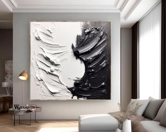 Grande dipinto astratto in bianco e nero con texture 3D, dipinto astratto minimalista con texture, arte astratta nera, dipinto acrilico bianco con texture