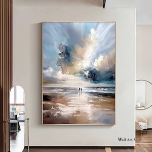 Extra Large Abstract Ocean Sunset Canvas Painting Blue and Brown Painting Original Bright Ocean Canvas Art Large Modern Seascape Wall Art