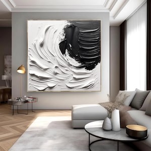 Large Black and White Textured Painting White 3D Textured Abstract Painting White Acrylic Painting Black Minimalist Wall Art Decorative Art