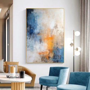 Large Abstract Painting Modern Abstract Wall Art Blue and Orange Abstract Canvas Painting Blue Minimalist Abstract Painting Decorative Art