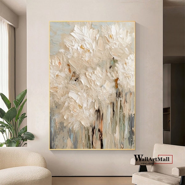 Textured Flower Painting on Canvas Original Abstract Painting Flower Painting on Canvas Large Beige Textured Wall Art Modern Custom Painting