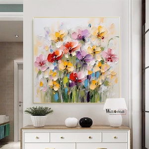 Large Colorful Flower Painting on Canvas Large Wall Art Abstract Textured Floral Landscape Painting Colorful Floral Textured Art Green Art