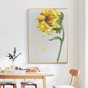 Hand Painting Sunflower Acrylic Painting Large Minimalist Textured Flower Painting Yellow Textured Wall Art Sunflower Flower Canvas Painting