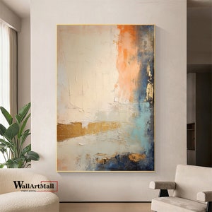 Large Minimalist Abstract Painting Beige and Blue Abstract Canvas Painting Modern Wall Art Gold Painting Original Abstract Painting