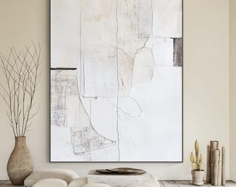 Large White Minimalist Abstract Painting Large Beige 3D Textured Wall Art Beige White Abstract Canvas Painting Modern Decorative Wall Art