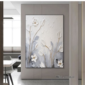 Large Gray and White Textured Abstract Painting White 3D Textured Painting Original Minimalist Textured Flower Painting Gray Canvas Wall Art