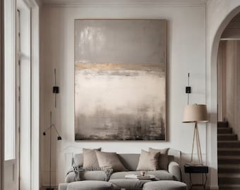 大きなグレーと白の壁アート グレーのテクスチャー絵画 ゴールドの抽象