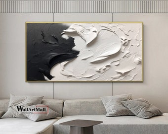 Large Original Black and White Textured Abstract Painting Black and White Minimalist Art White 3D Textured Wall Art Black Frame Painting