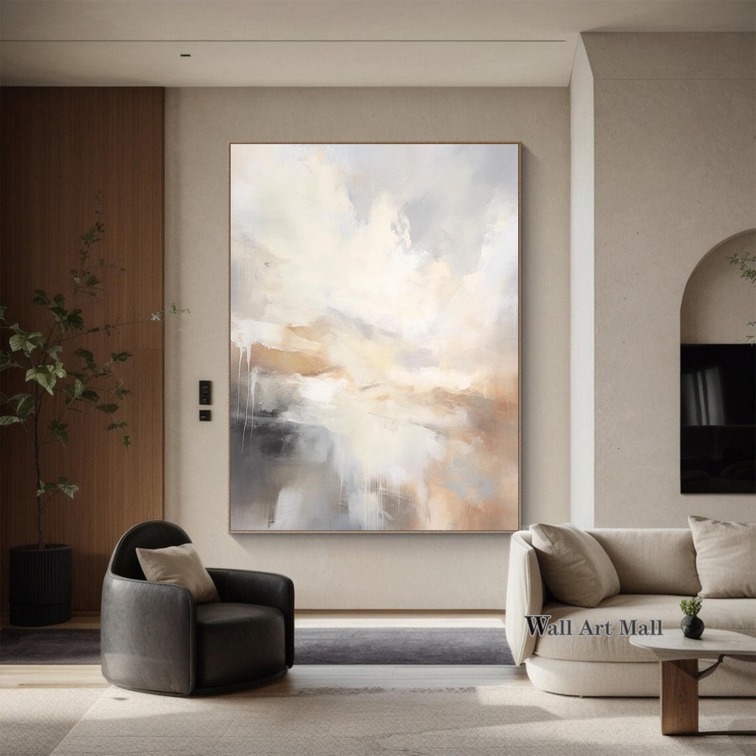 Abstract Gray and Beige Canvas Painting Sky Landscape Abstract Wall Art ...