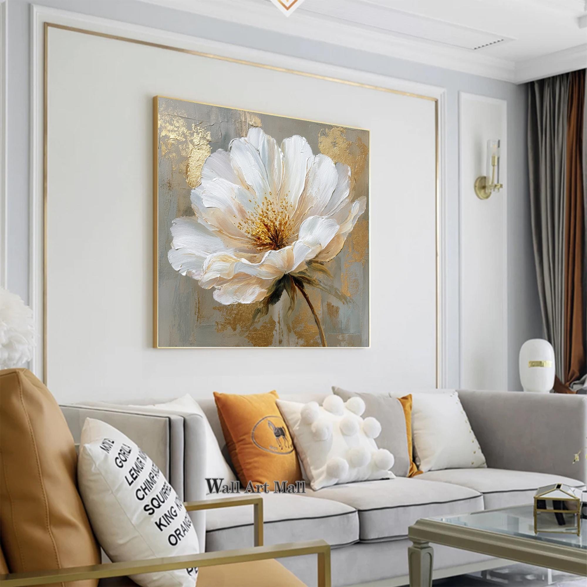 Large 3D White Textured Floral Canvas Painting Modern Gold Floral ...