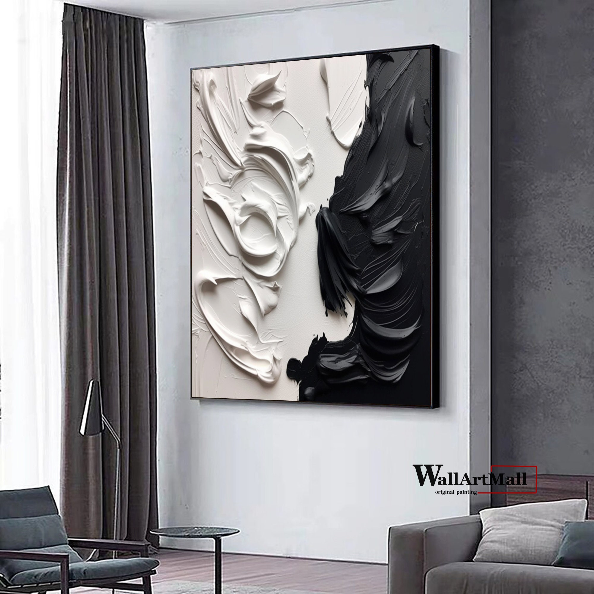 Large Black and White Abstract Texture Painting White 3D Texture ...