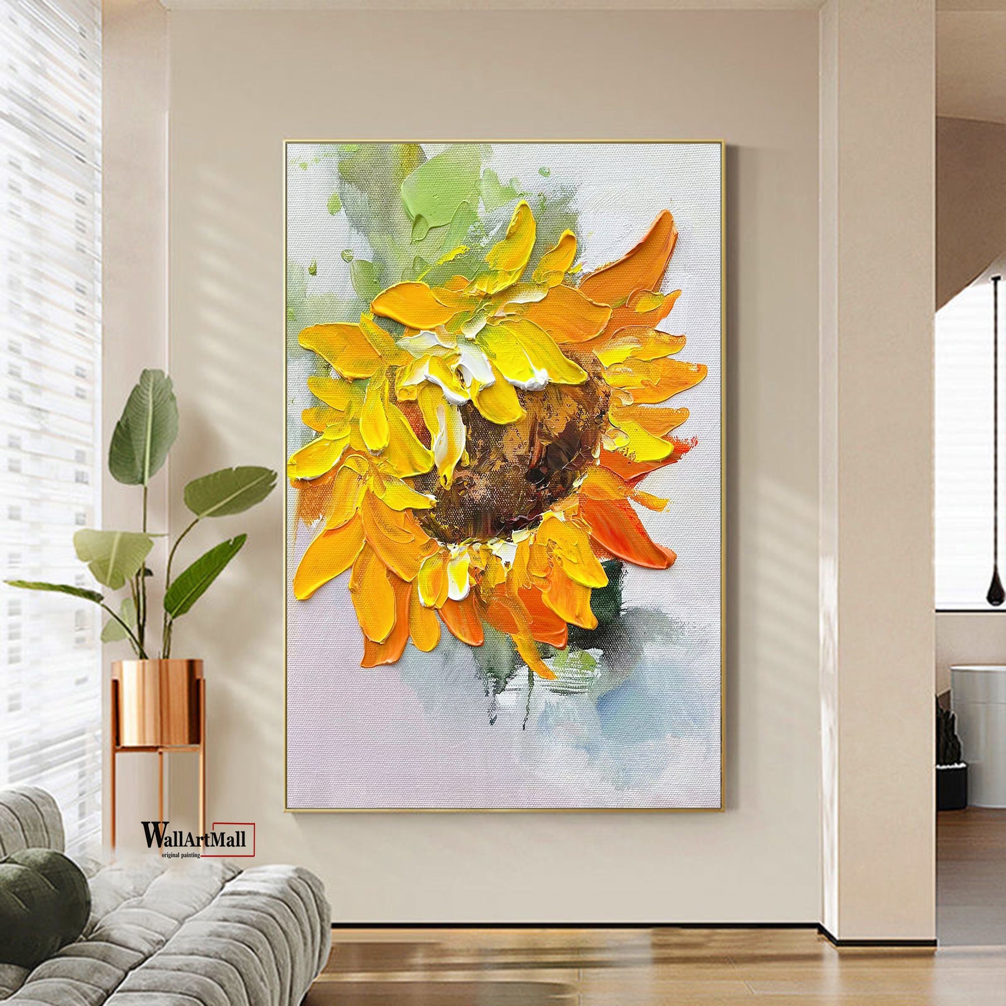 Abstract Sunflower Texture Canvas Painting Large Floral Landscape Painting Modern Yellow Acrylic Wall Art Living Room Decoration Painting