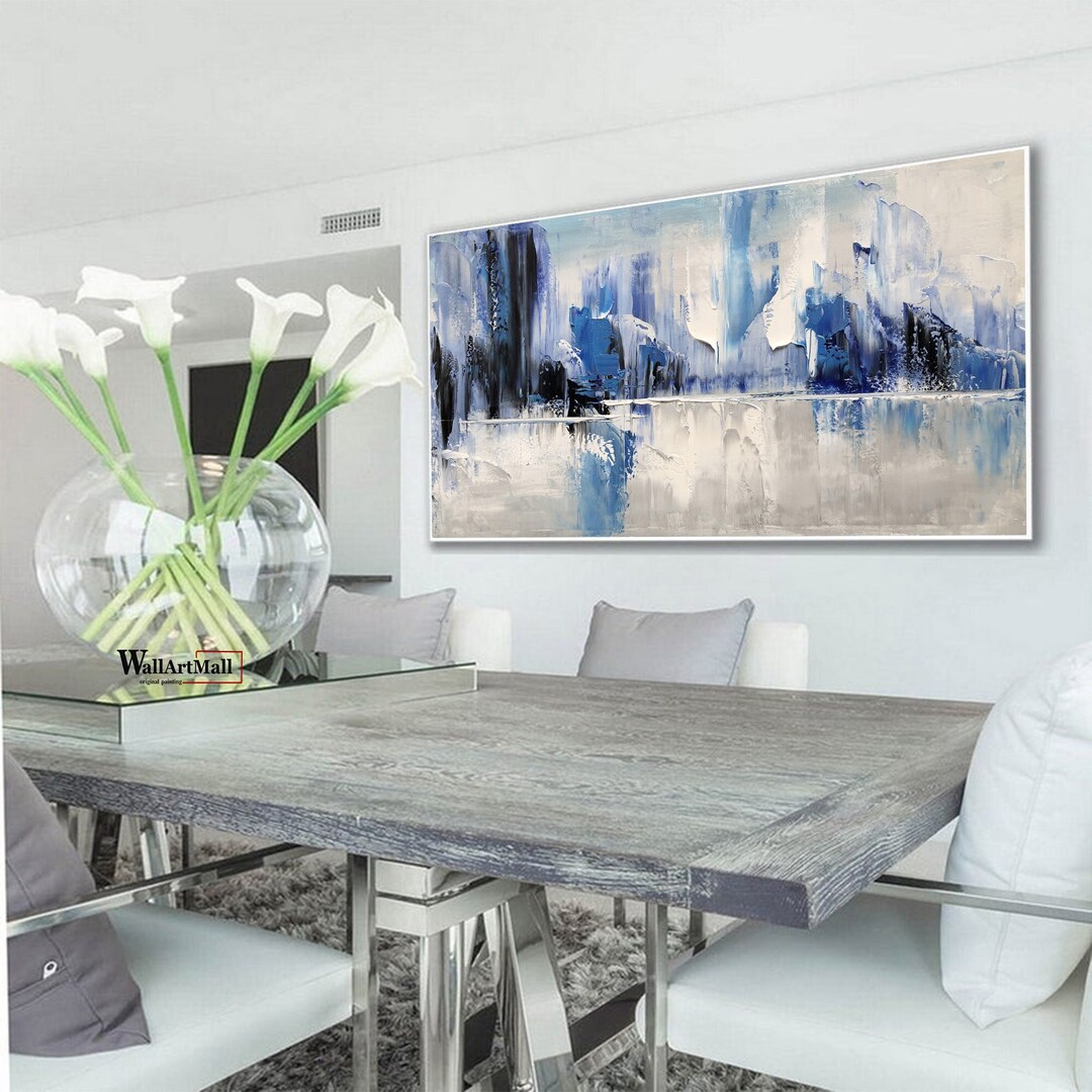 Horizontal Abstract Painting Blue and Gray Canvas Painting Large
