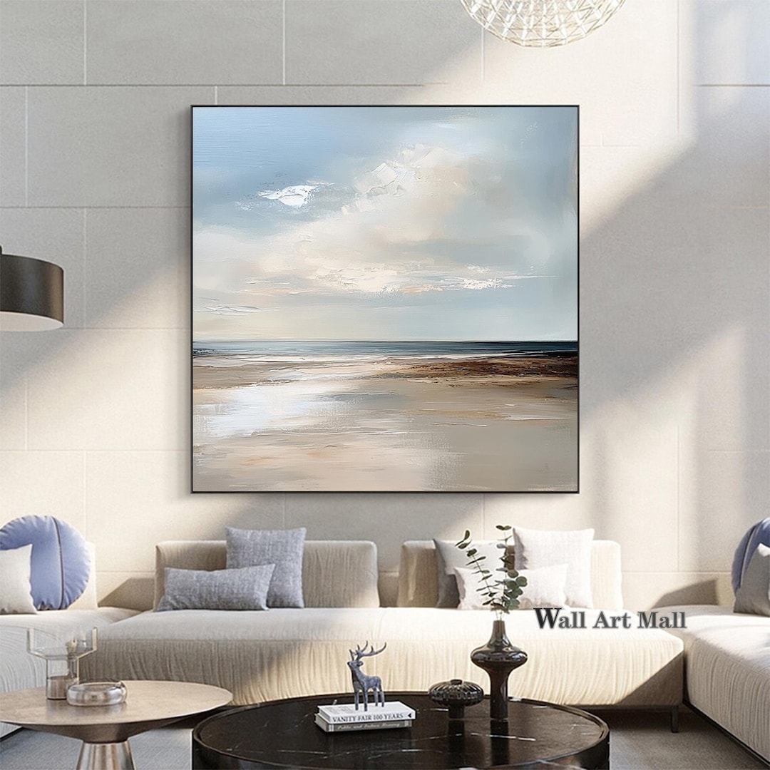 大きな空と海の絵画 ビーチの風景画 オリジナルの海のキャンバス画 雲