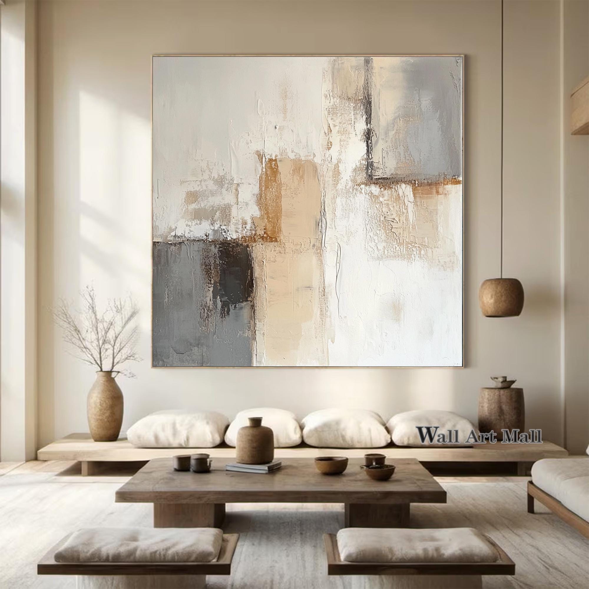 Large Grey and Beige Abstract Canvas Painting Beige Textured Minimalist ...