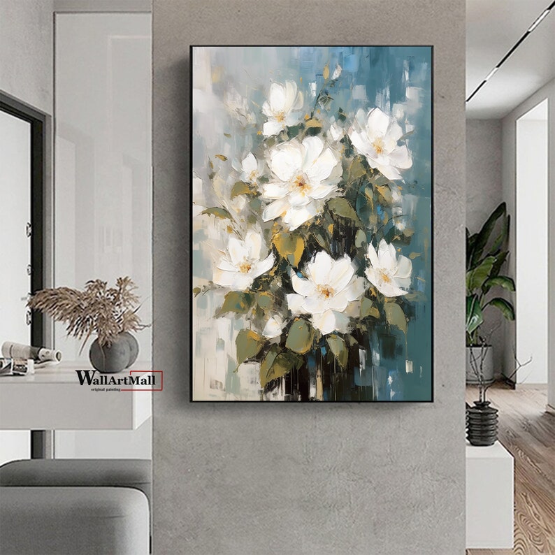 Abstract Flower Painting on Canvas Large Wall Art Original White Flower ...
