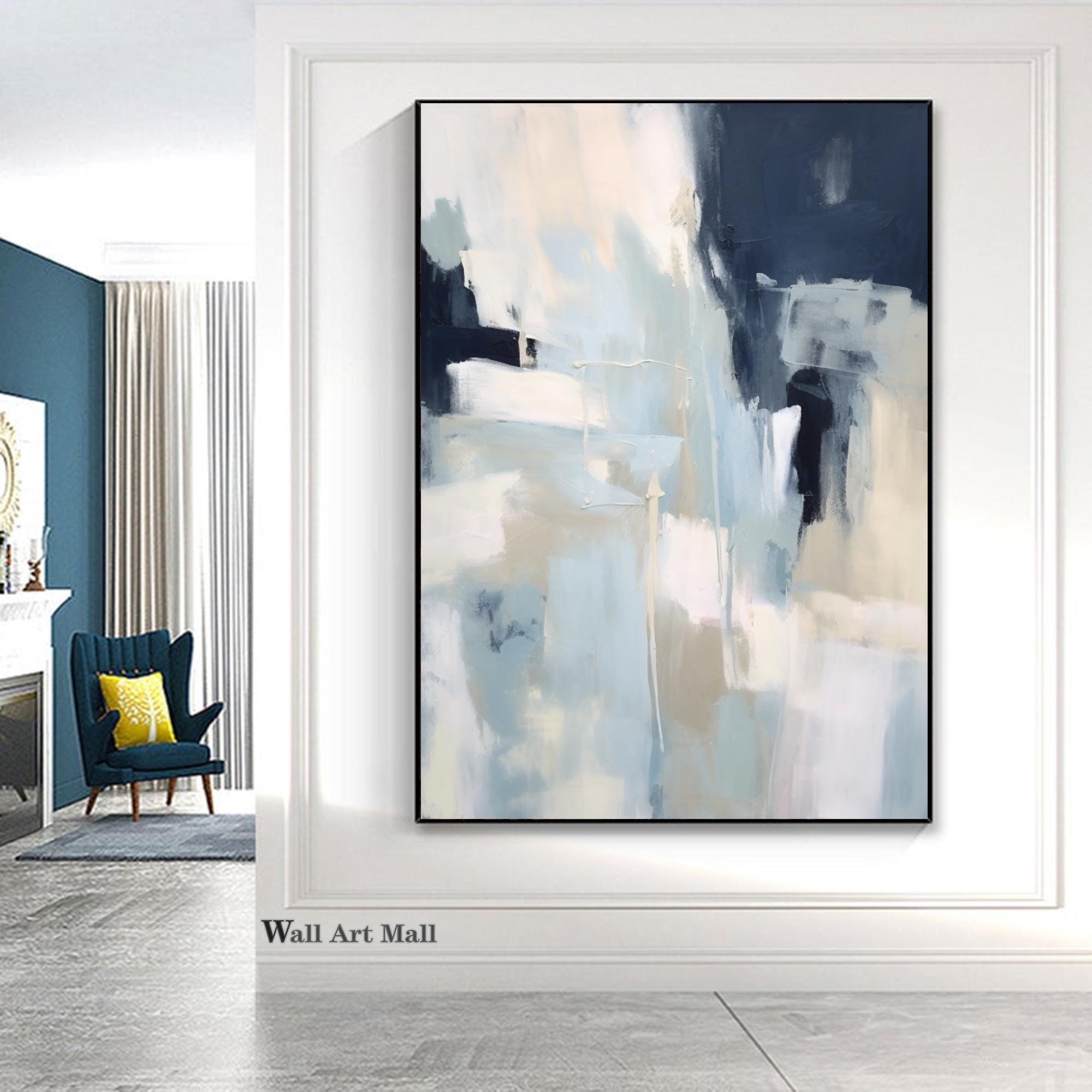 Large Blue Wall Art Abstract Blue and Yellow Textured Canvas Art Modern ...