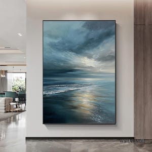 Modern Original Ocean Canvas Painting Soft Blue Tones Ocean Painting Minimalist Textured Abstract Ocean Painting Valentine&#39;s Day Artwork