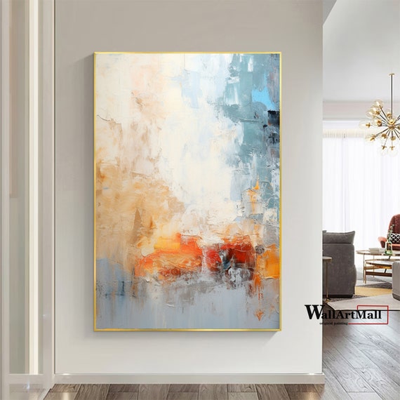 大きなカラフルな抽象画 モダンな青とオレンジの抽象画 壁アート