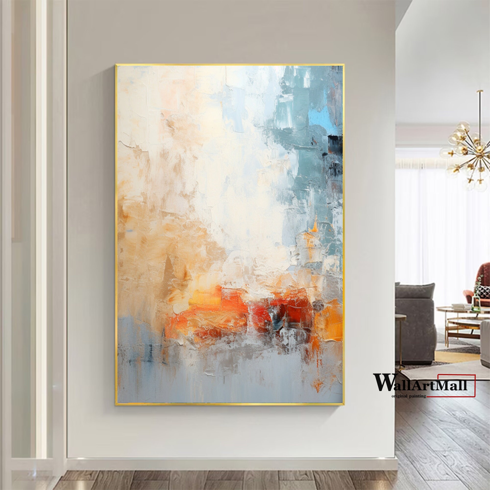 大きなカラフルな抽象画 モダンな青とオレンジの抽象画 壁アート