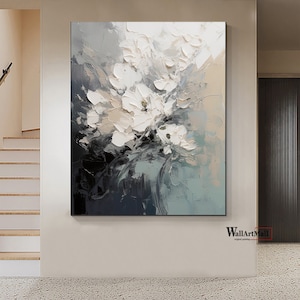 Blooming Abstract Flower Painting Large Black and White Textured Painting White 3D Textured Abstract Wall Art Original Flower Painting image 6