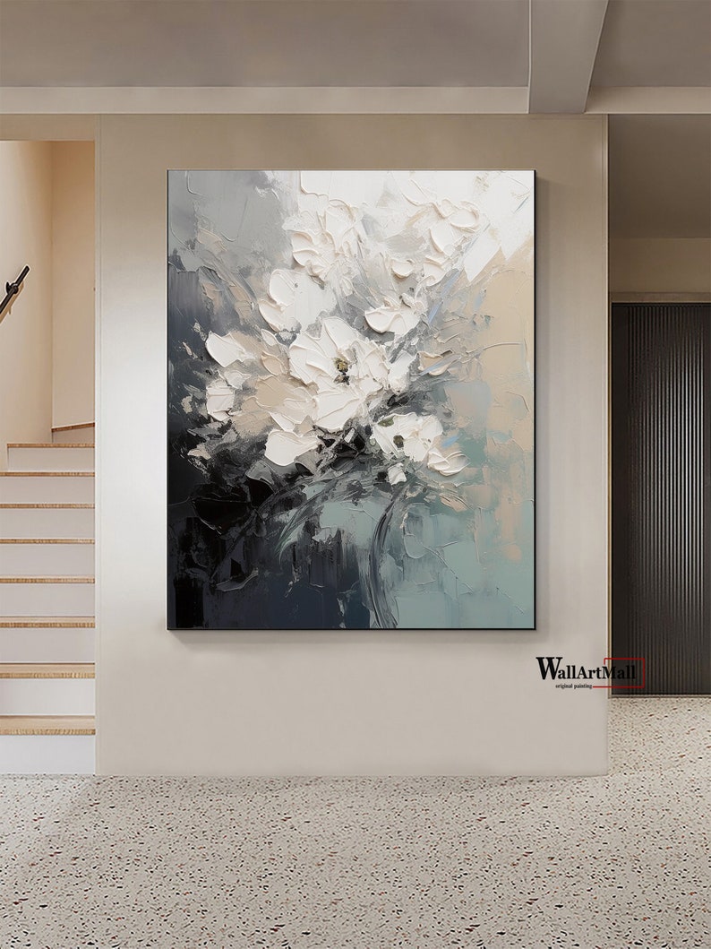 Blooming Abstract Flower Painting Large Black and White Textured Painting White 3D Textured Abstract Wall Art Original Flower Painting image 6