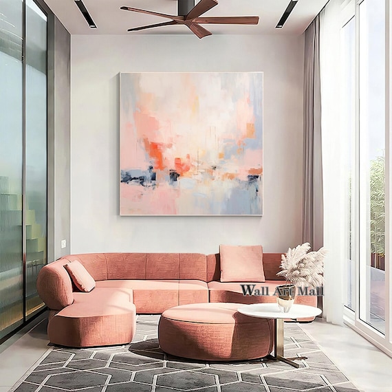 大きなピンクとブルーの抽象画 ピンクのキャンバス画 オリジナルの抽象