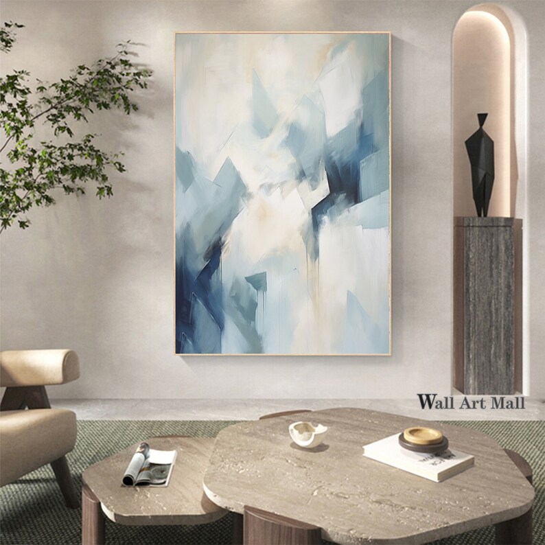 May include: Abstract painting with blue and white hues. The painting features a mix of geometric shapes and brushstrokes, creating a dynamic and modern feel.