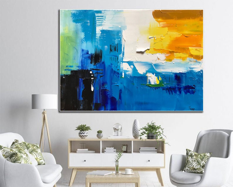Large colorful abstract painting large canvas wall art blue | Etsy