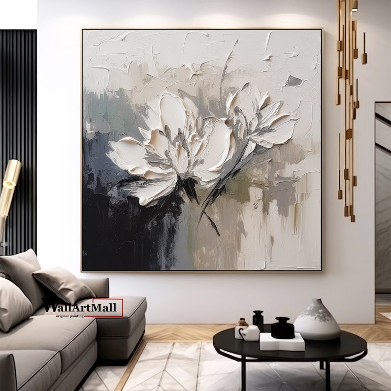 Large 3D Textured White Flower Painting 3D Textured Flower Canvas Wall Art Original Flower