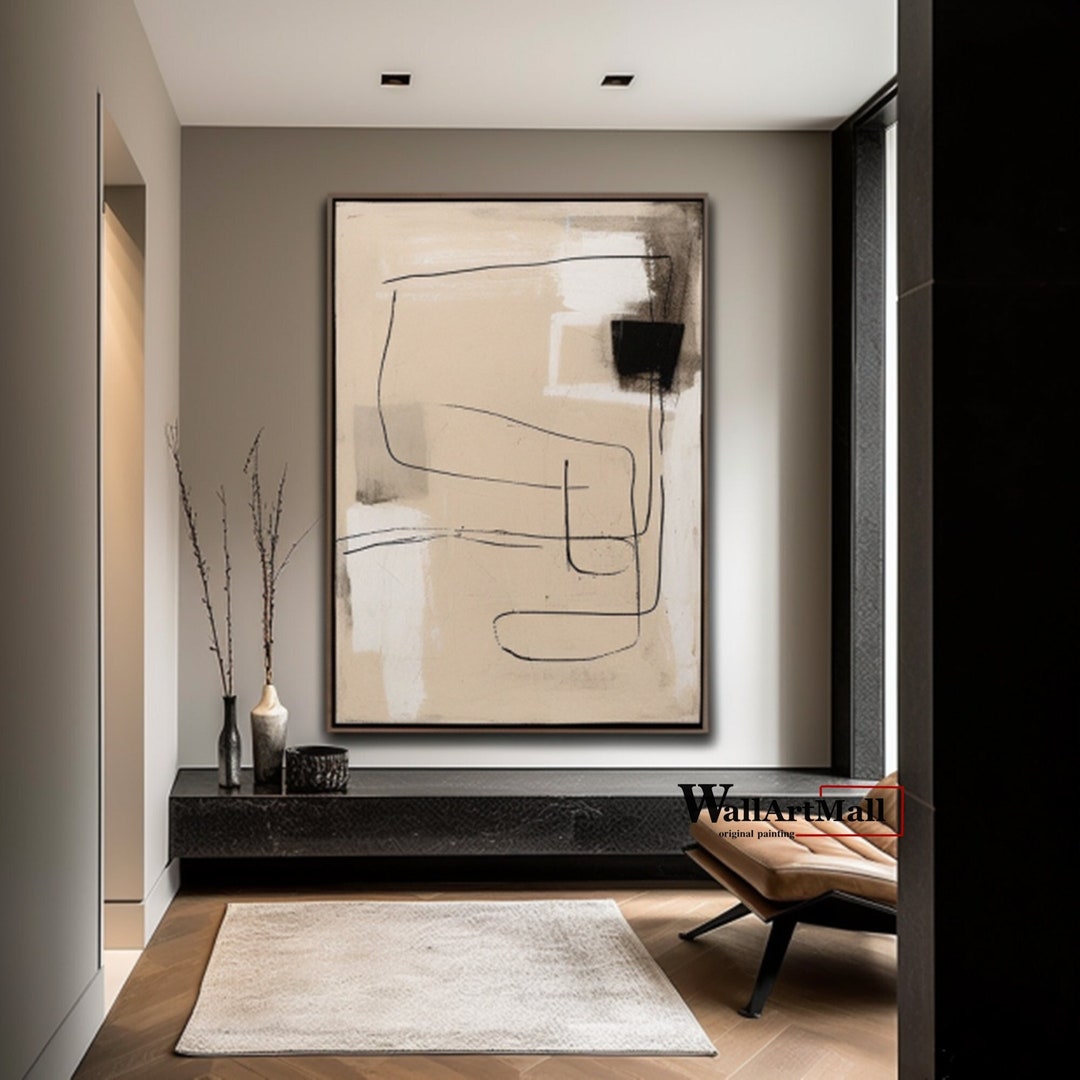 Large Beige Black Minimalist Painting Beige Textured Wall Art Large ...