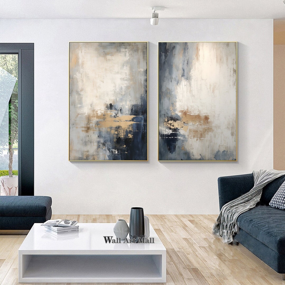 Original Gray and Blue Abstract Painting Set of 2 Modern Abstract