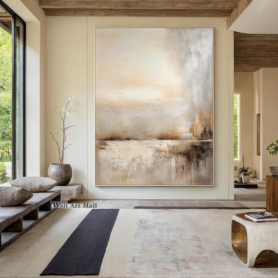 Brown and Beige Landscape Wall Art Beige Brown Abstract Painting Vintage Countryside Art Large Neutral Painting Bedroom  Framed Painting