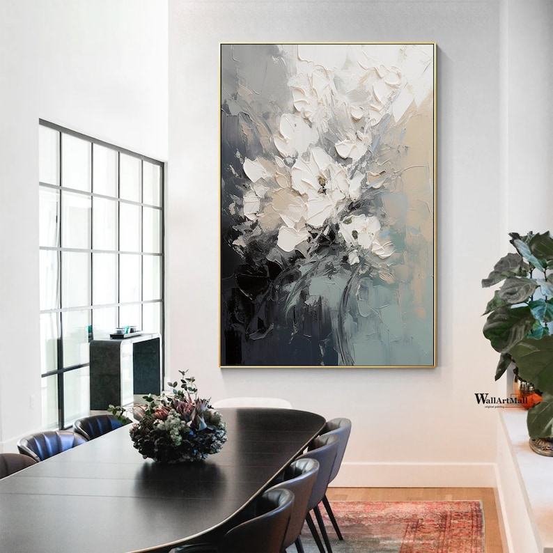 Blooming Abstract Flower Painting Large Black and White Textured Painting White 3D Textured Abstract Wall Art Original Flower Painting image 3