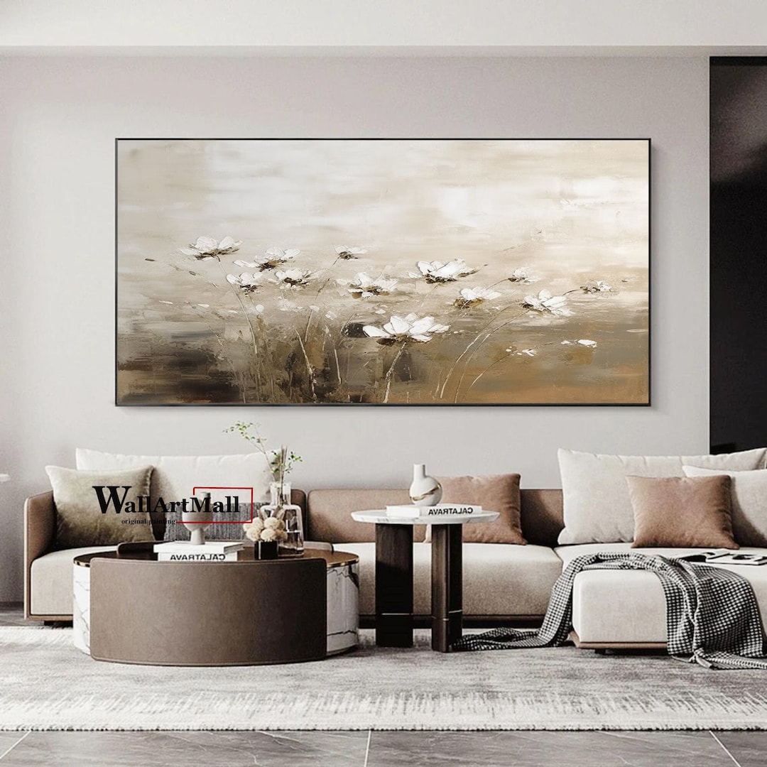 Original White Flowers Oil Painting on Canvas Large Brown Wall Art ...