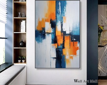 大きな青オレンジの抽象画 青の幾何学的なキャンバスの抽象画 オレンジ