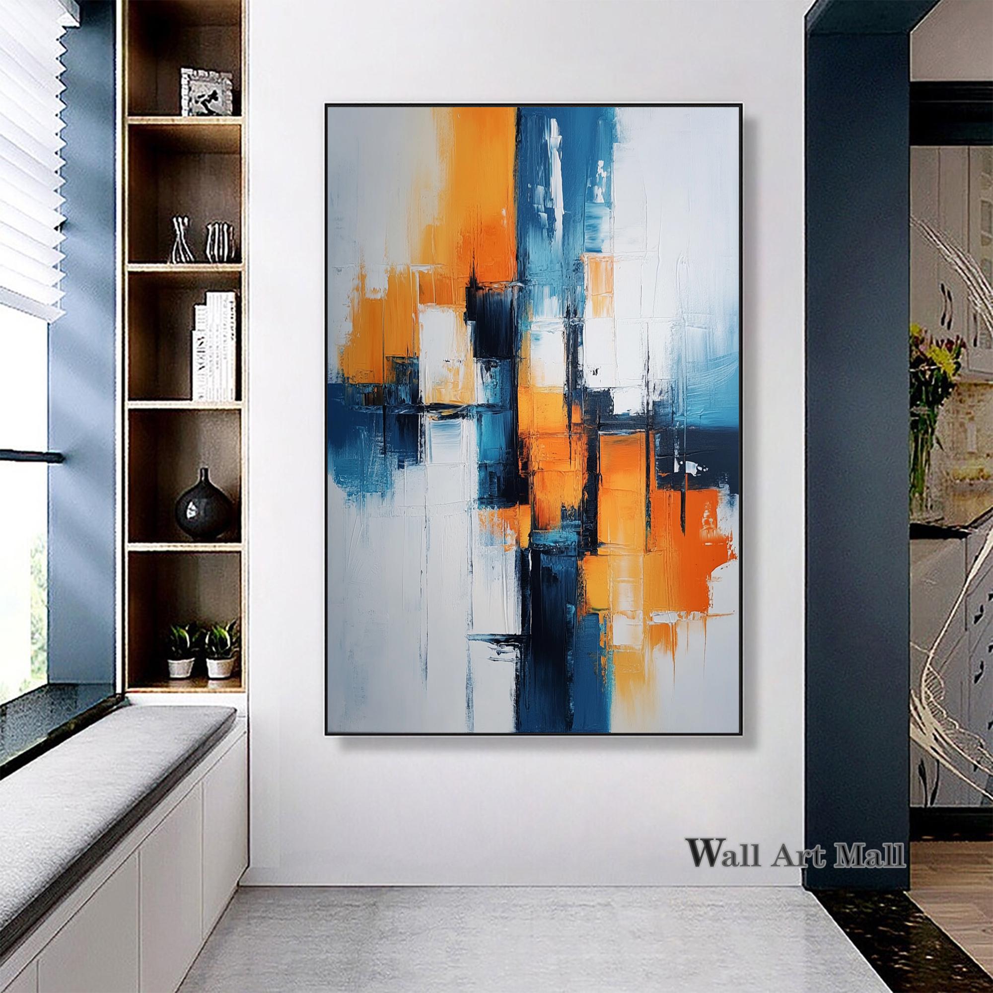 大きな青オレンジの抽象画 青の幾何学的なキャンバスの抽象画 オレンジ