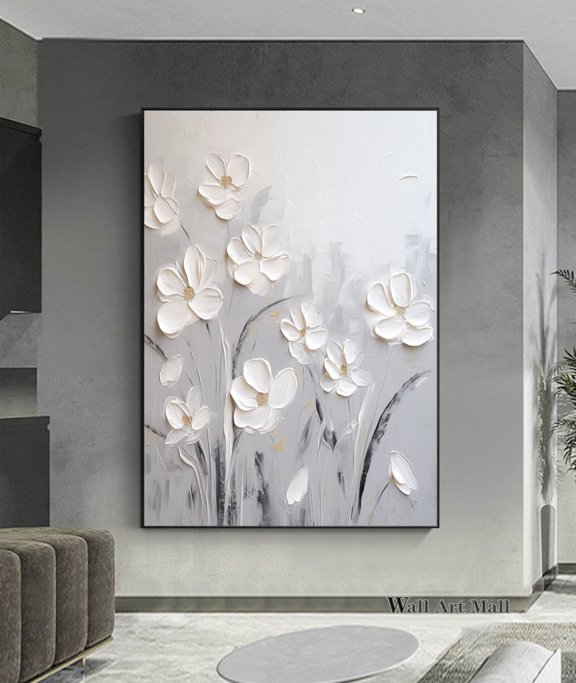 3D Texture White Flower Painting Original Gray White Abstract Oil ...