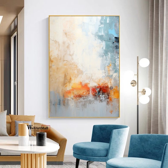 大きなカラフルな抽象画 モダンな青とオレンジの抽象画 壁アート