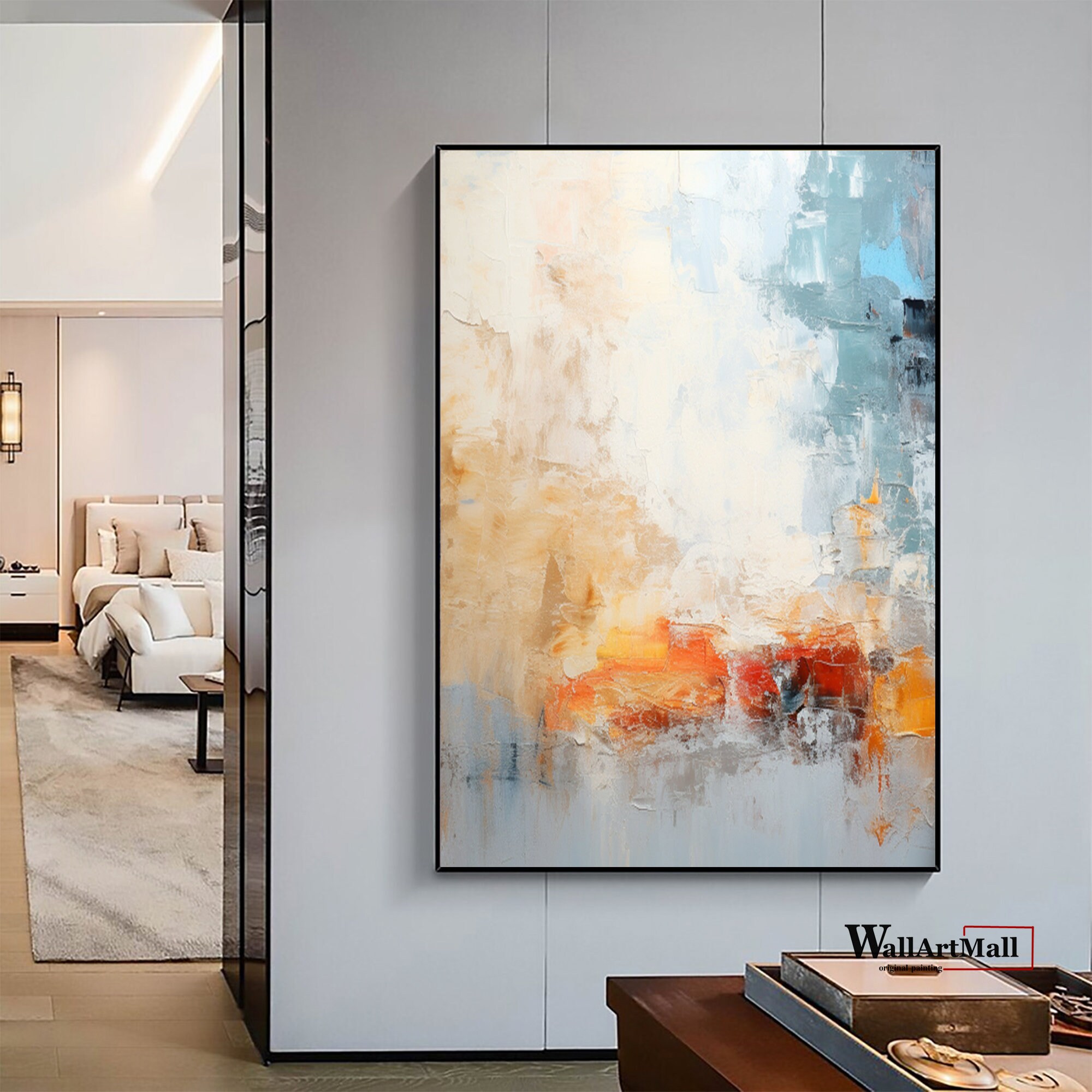 大きなカラフルな抽象画 モダンな青とオレンジの抽象画 壁アート