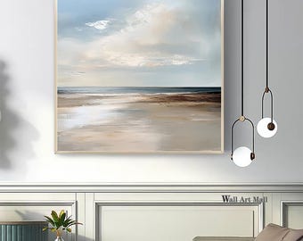 大きな空と海の絵画 ビーチの風景画 オリジナルの海のキャンバス画 雲