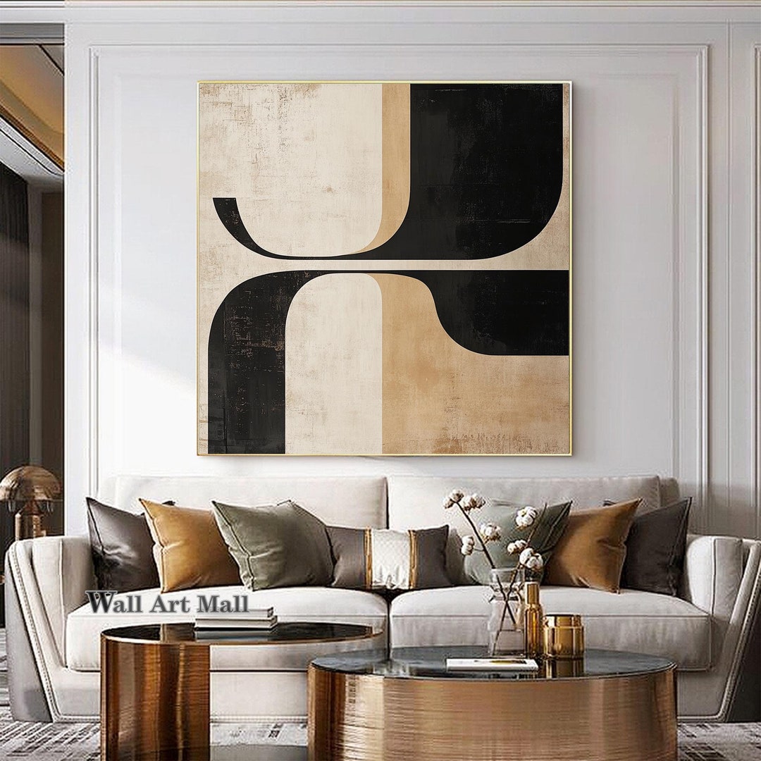 Abstract Geometric Black and Beige Painting Large Brown and Beige Wall ...