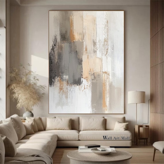 Beige and Gray Wabi-Sabi Wall Art Large Beige and Brown Abstract Painting Neutral Minimalist Geometric Painting Gray Textured Wall Art