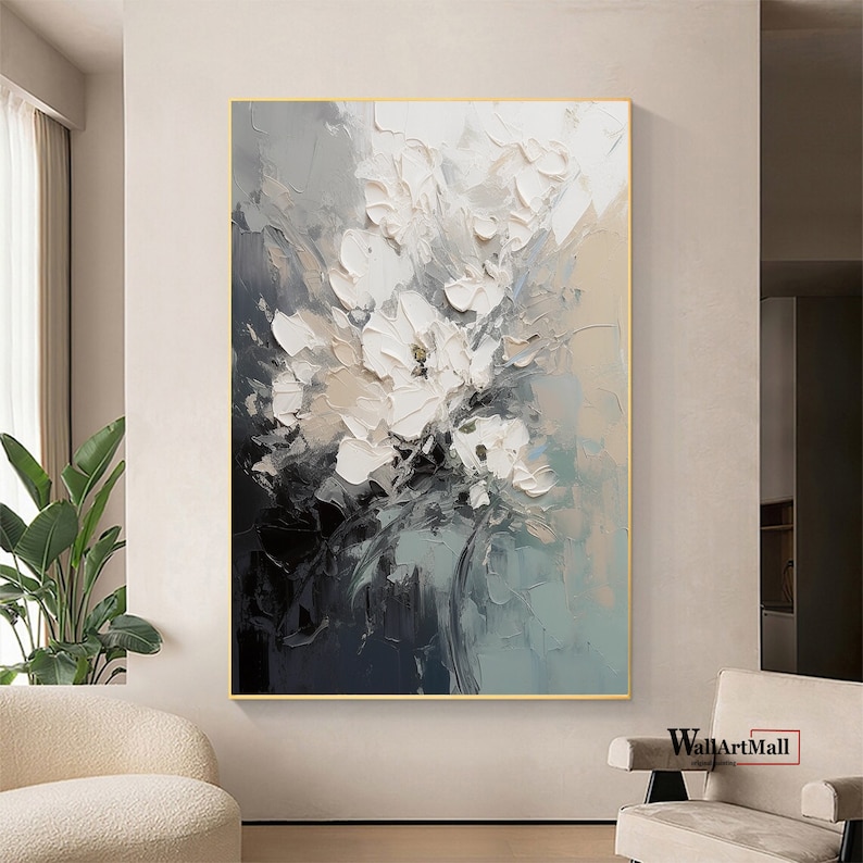 Blooming Abstract Flower Painting Large Black and White Textured Painting White 3D Textured Abstract Wall Art Original Flower Painting image 4
