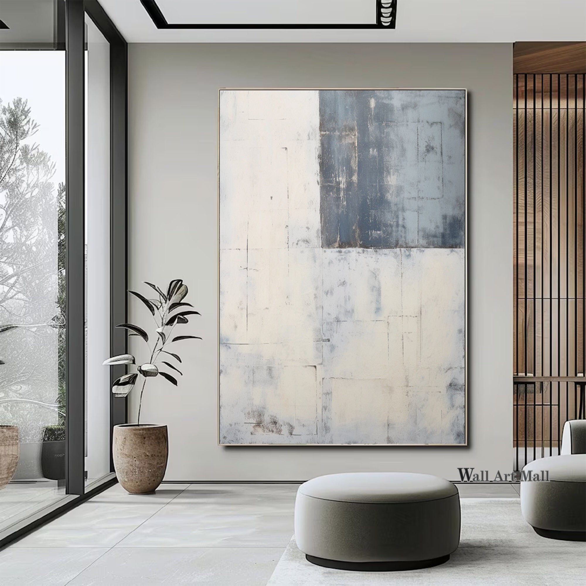 Modern Geometric Abstract Wall Art Large Abstract Blue Minimalist Painting Original Abstract Painting White and Blue Decorative Painting